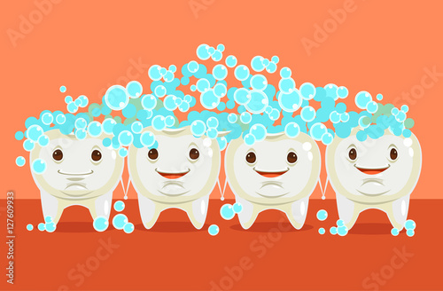 Teeth cleaning. Happy teeth character. Vector flat cartoon illustration