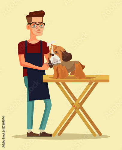 Groomer character combs dog character. Vector flat cartoon illustration