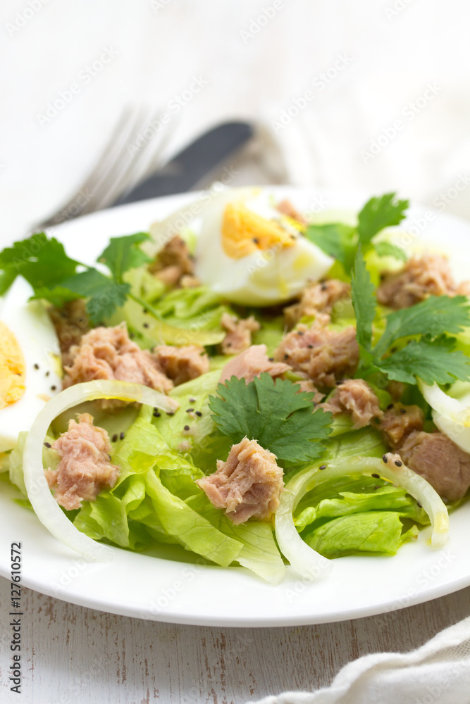 frsh salad with tuna and boiled egg on white plate frsh salad with tuna and boiled egg on white plate