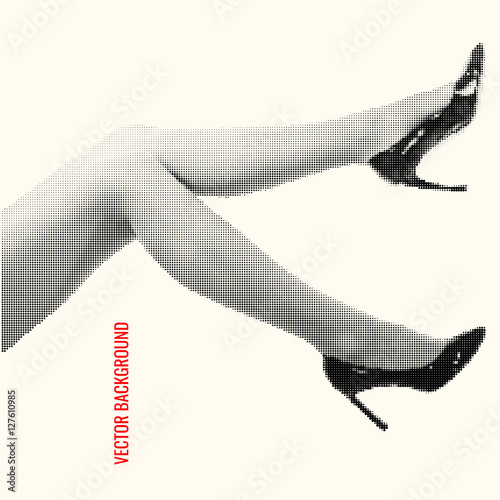 Beautiful female legs. Halftone round dots style vector illustration