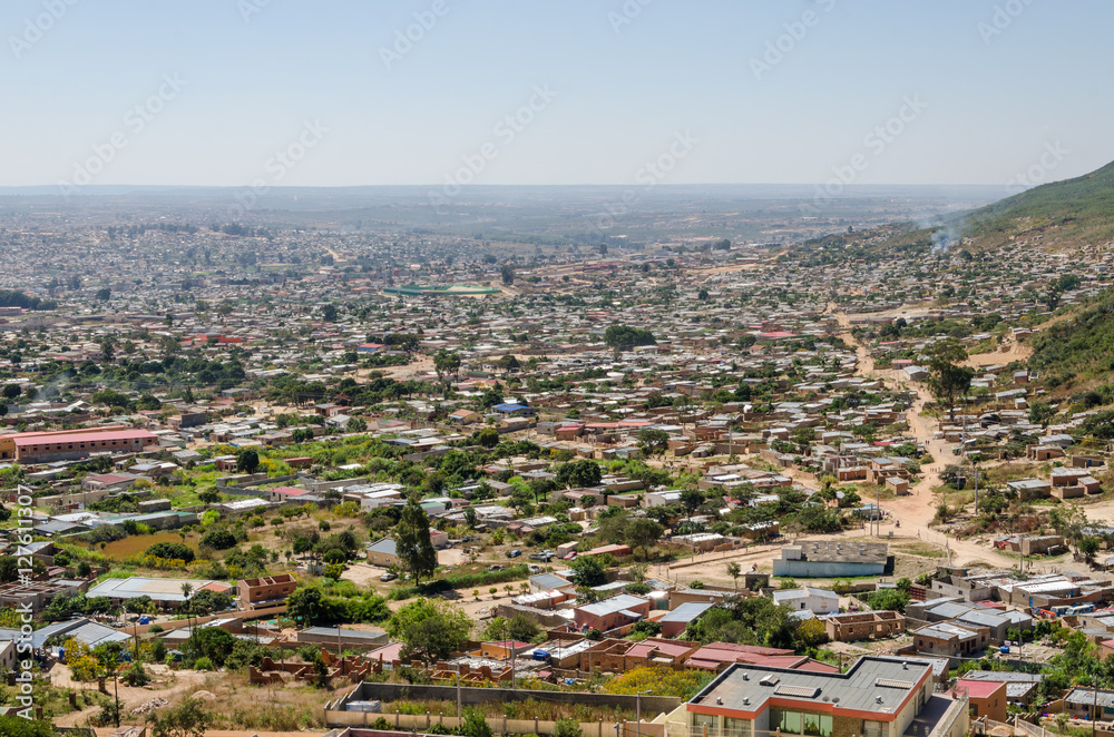 Aerial or rock view of African town Lubango with colorful houses in Angola