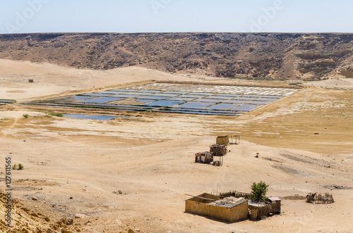 Traditional sea salt farming in square pools at Angola's coast photo