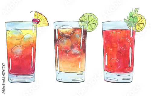 hand drawn set of watercolor cocktails Planter's Punch Dark N Stormy Bloody Mary on white background 
