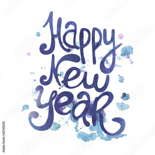 New year greeting card with handdrawn lettering calligraphy.