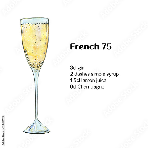 hand drawn watercolor cocktail French 75 on white background