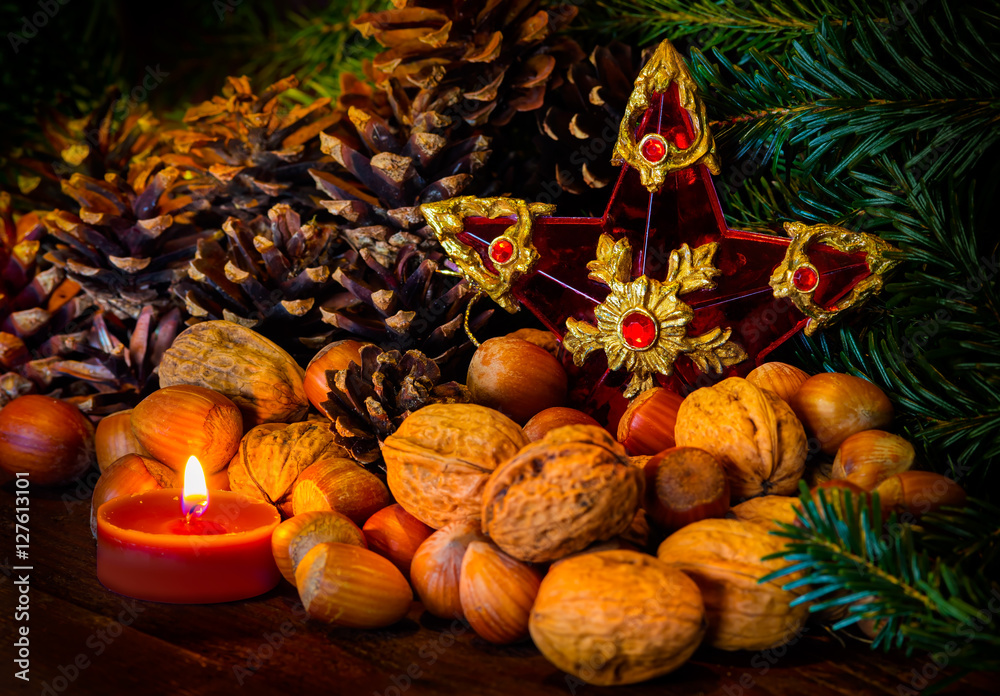 Weihnachtsstern Landhaus Landleben Nüsse Kerze Advent Tanne Stern