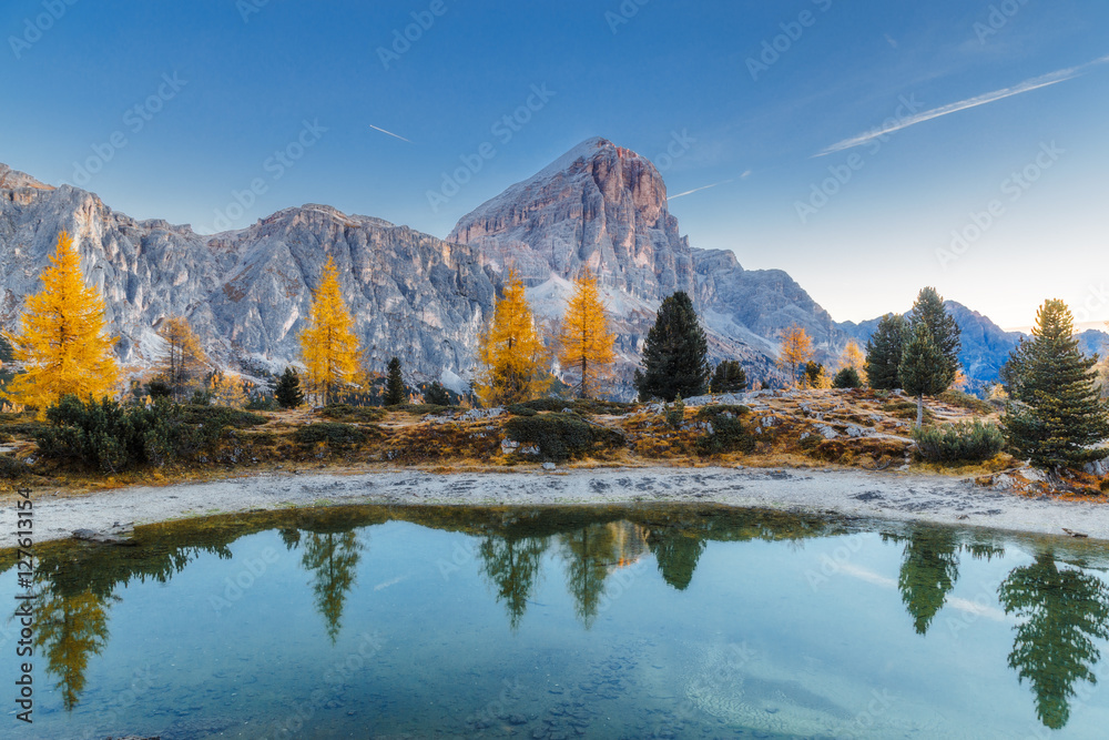 Limides Lake and Mount Lagazuoi in the Dolomites Mountains, Italy
