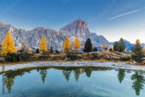 Limides Lake and Mount Lagazuoi in the Dolomites Mountains, Italy