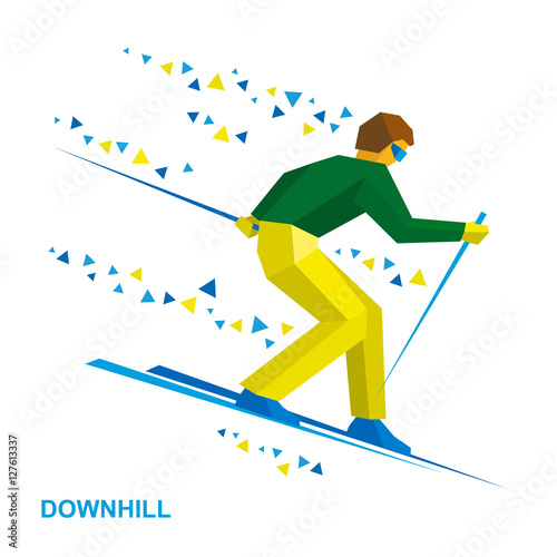 Winter sports - alpine skiing. Cartoon skier running downhill. Sportsman ski slope down from the mountain. Flat style vector clip art isolated on white background.