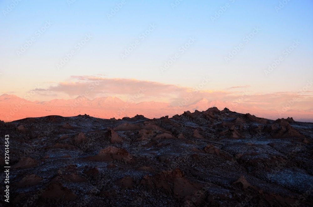 Panoramic view of the Moon Valley or Valle de la Luna close to San Pedro de Atacama in Chile, South America during sunset