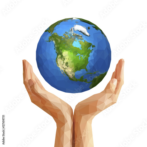polygonal cupped hands that hold polygon planet earth america wh