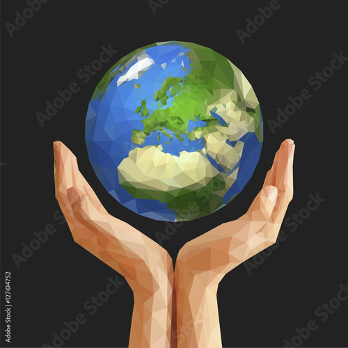 polygonal cupped hands that hold polygon planet earth europe gra