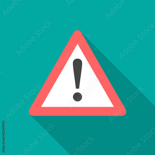Attention sign icon with long shadow. Flat design style. Simple icon. Modern flat icon in stylish colors. Web site page and mobile app design element.