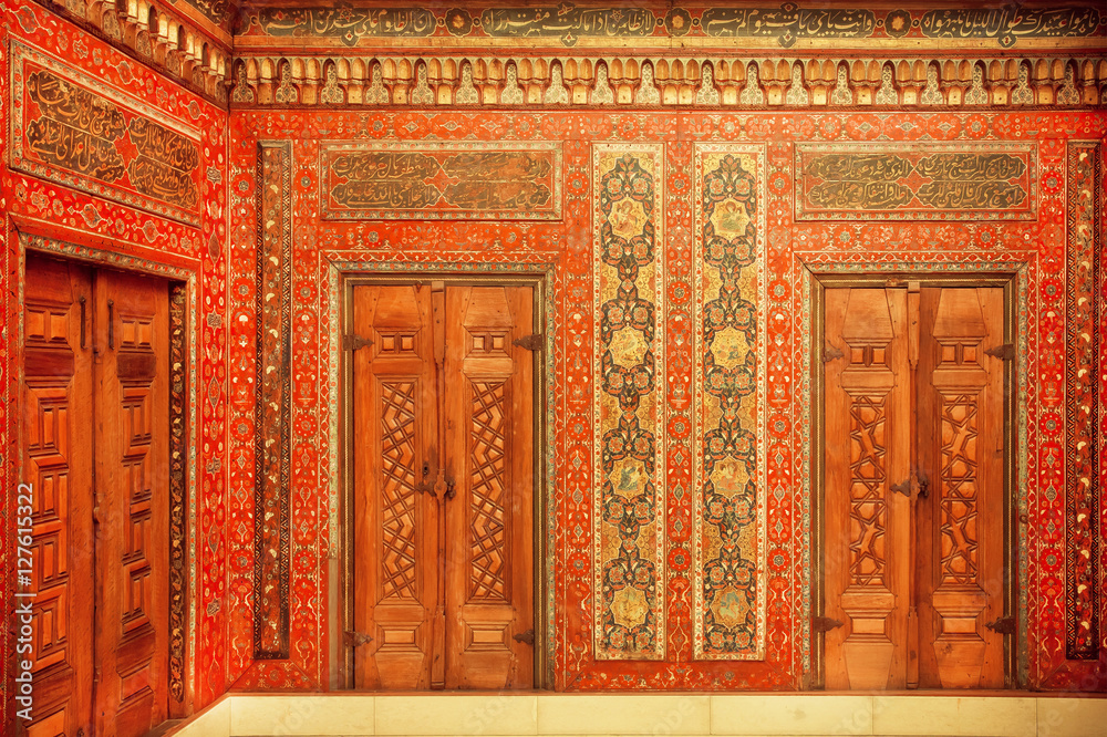 Calligraphy and paintings on the doors of 17th century Aleppo room, Syrian house. Pergamon Museum in Berlin