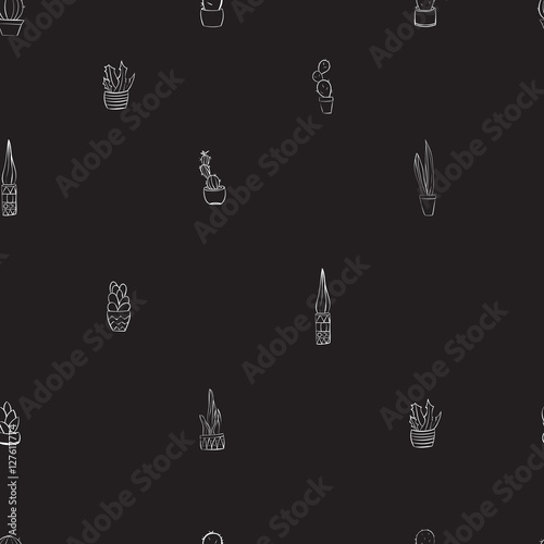Seamless hand drawn cactus black and white background pattern