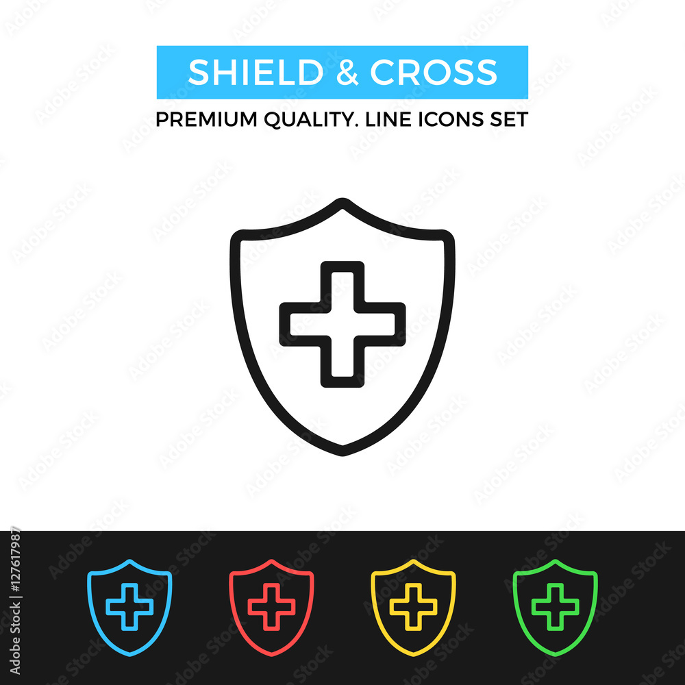 Obraz premium Vector shield and cross icon. Thin line icon