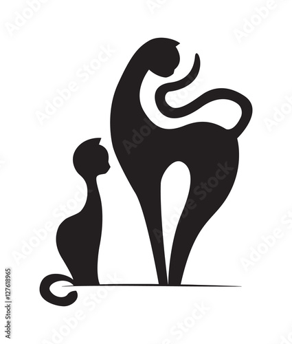 Cats. Black silhouettes of two cats isolated on white. Mother and child. Vector illustration.
