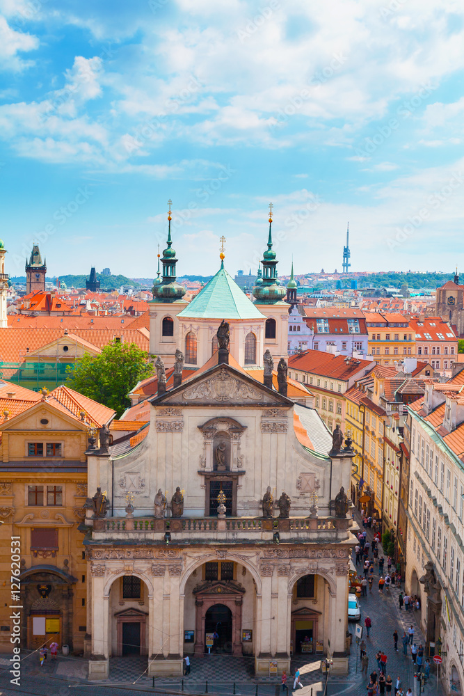 Panorama of the old part of Prague from the Old Town Bridge Tower. Old colorful Town architecture, Czech Republic.