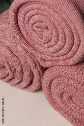 Knitted pink blankets. Close up