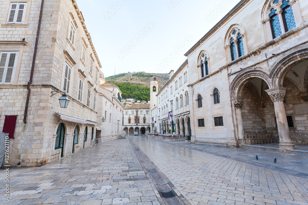Stradun street at old part of the city early in the morning. Dubrovnic, Croatia. Fortification.