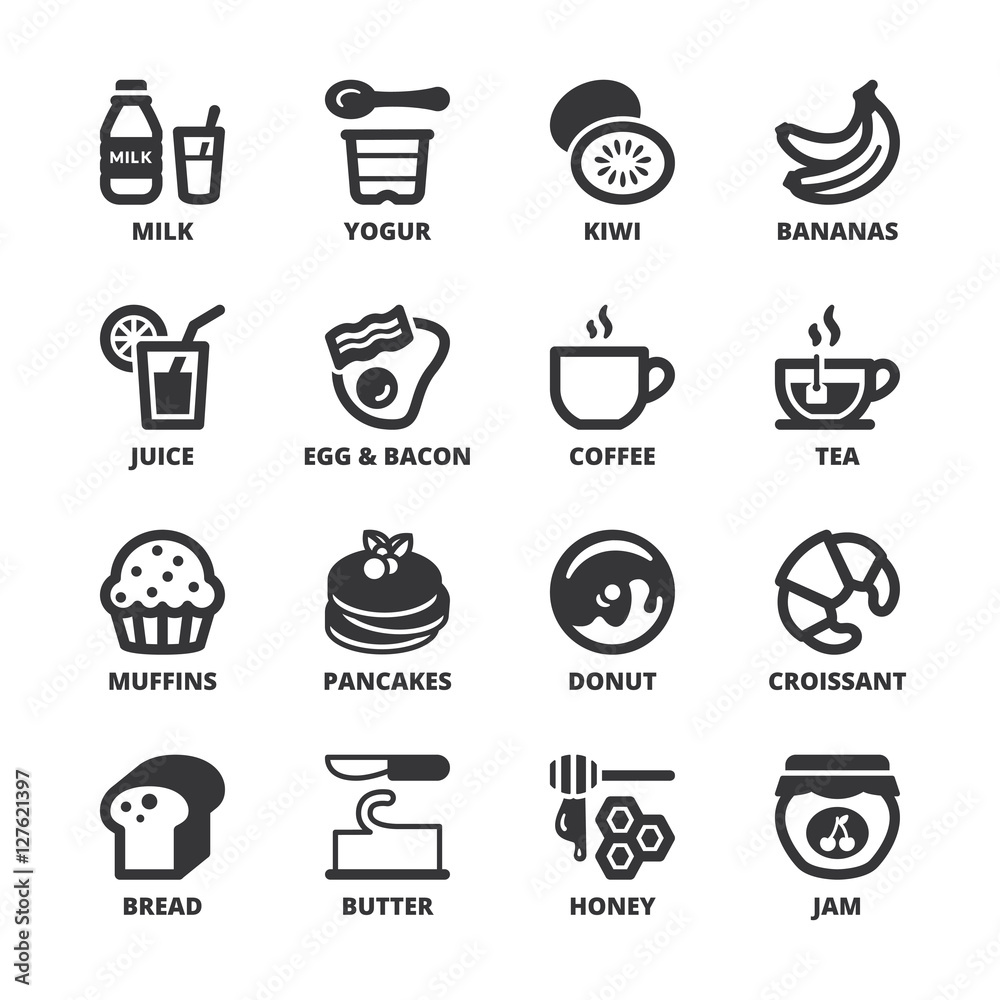 Beakfast flat symbols. Black Beakfast flat symbols. Black