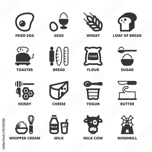 Dairy Egg Bread Sugar flat symbols. Black