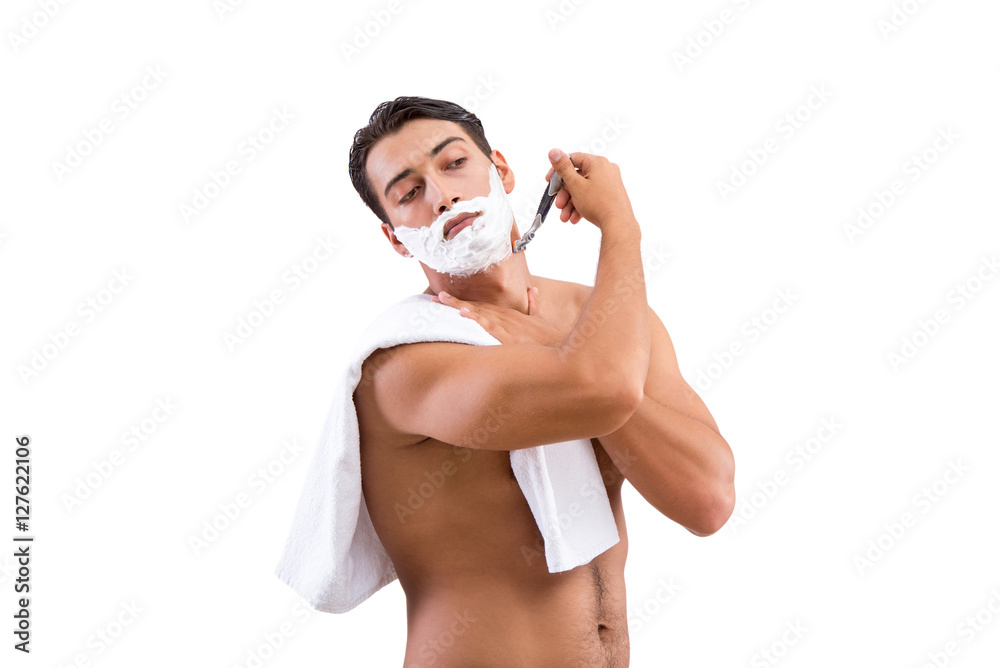 Handsome man shaving isolated on white background