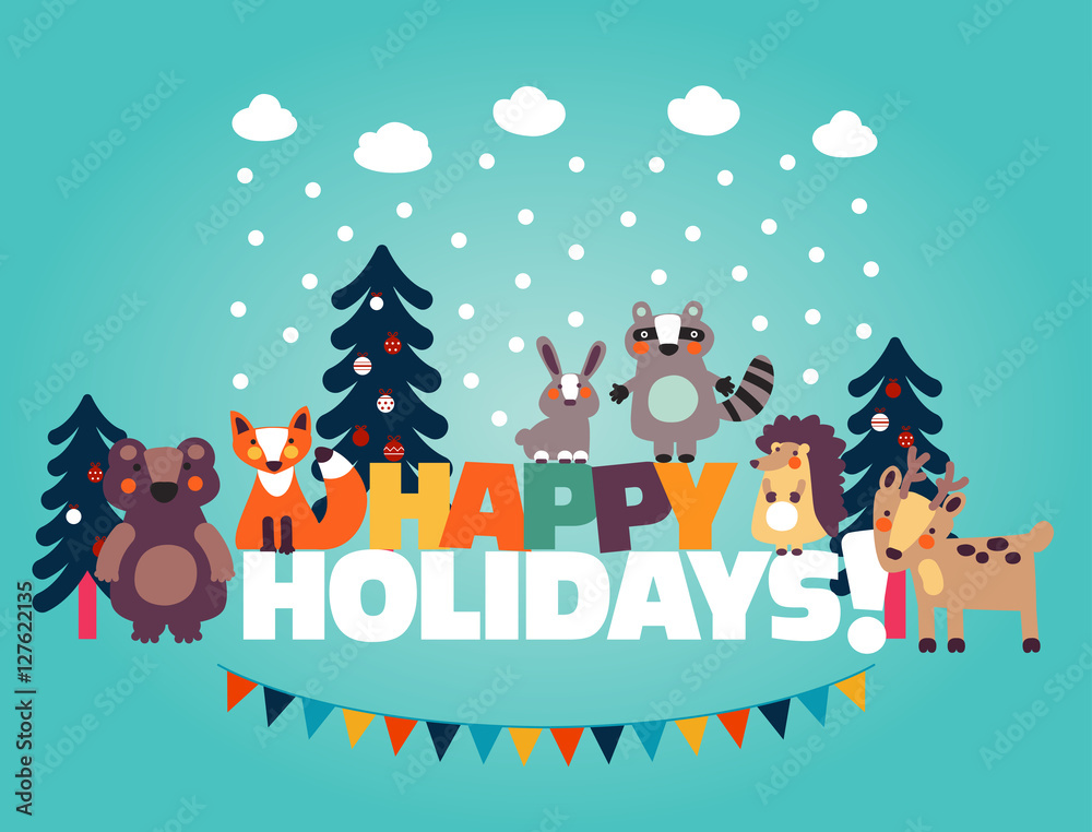 Winter holiday lovely vector card with funny cute animals, blue sky,  snowflakes, clouds and Christmas trees Stock Vector | Adobe Stock