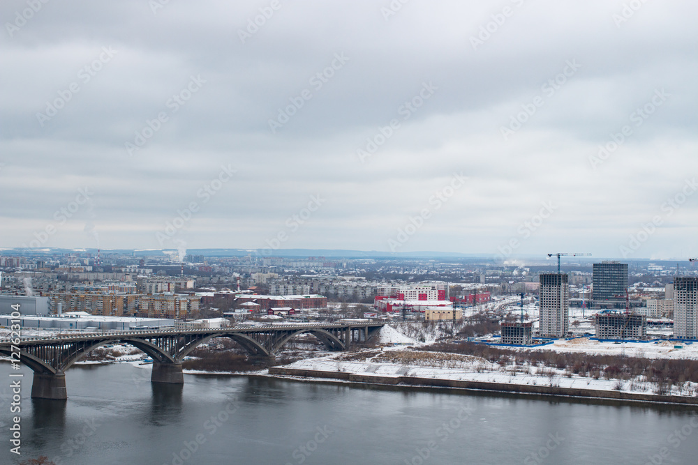City bridge river winter building. Nizhny Novgorod, Russia