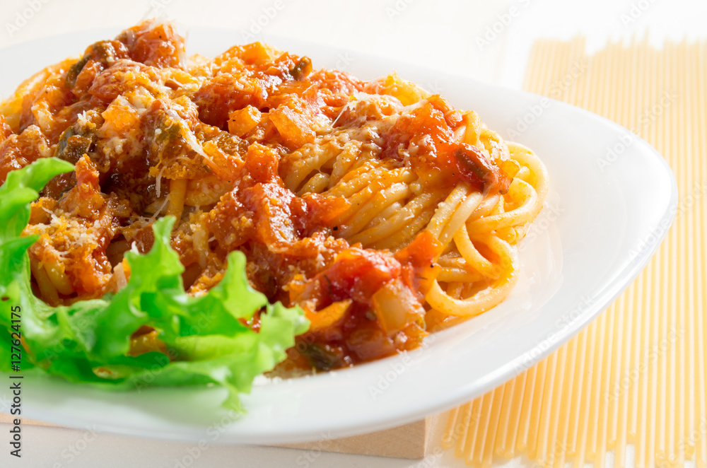 Selective focus on the Italian cooked spaghetti Selective focus on the Italian cooked spaghetti