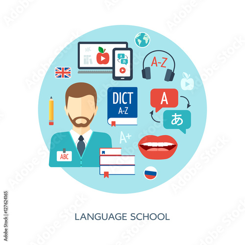 Foreign language learning concept. Banner, background, poster, concept. Foreign language school and courses. Flat design. Vector