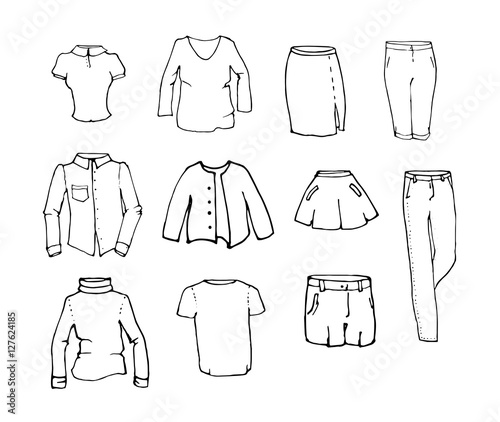 Set of hand drawn vector woman clothes - skirts, shirt, blouse, pullover, breeches, shorts, jeans, jacket. Isolated on white background. Easy to colorize.