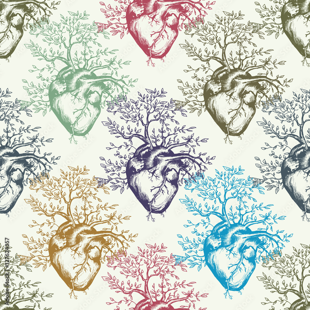 Anatomical human heart art seamless pattern Stock Vector