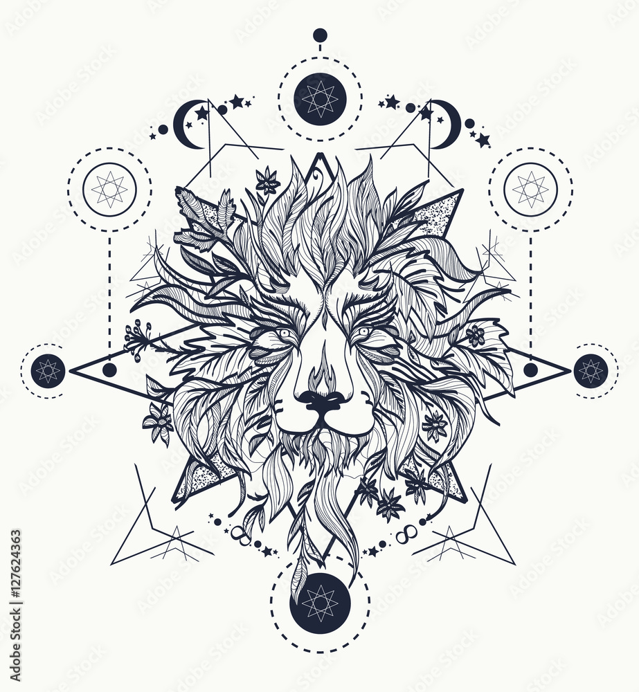 Fototapeta premium Ornamental Tattoo Lion Head. Mystic Lion sketch tattoo art