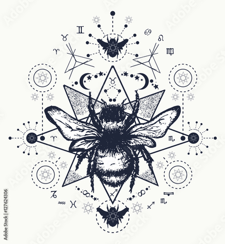 Bee tattoo art. Hand drawn sketch of bumblebee. Bee tattoo sketc