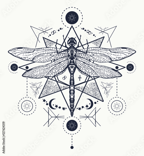 Dragonfly tattoo. Hand drawn mystical symbols and insects