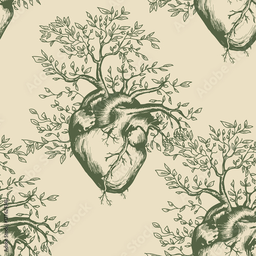 Anatomical human heart seamless pattern