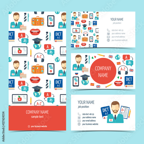 Set of flyer, brochure and business cards for foreign language courses and schools. Set of promotional products. Flat design. Vector