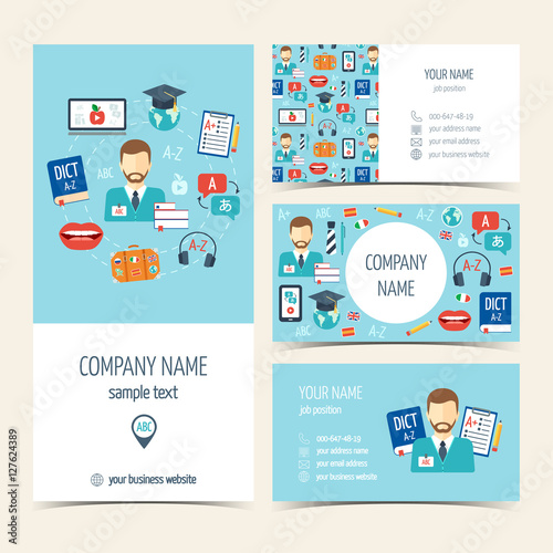 Collection of promotional products for foreign language courses and schools. Flyer, brochure and business cards. Flat design. Vector