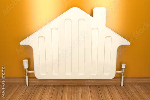 Heater radiator on yellow wall in house. 3d image
