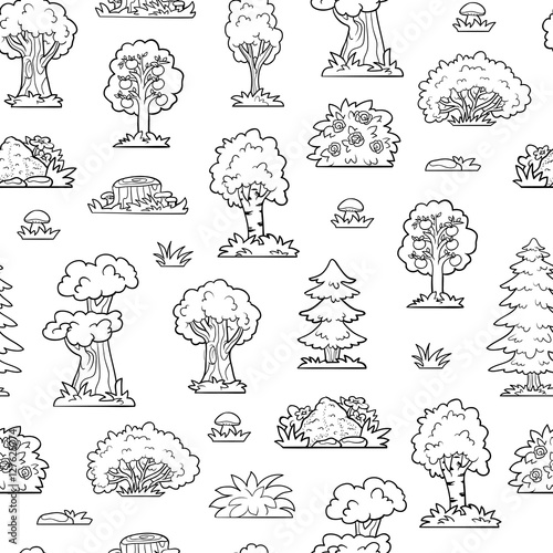 Vector colorless seamless pattern, trees and bushes