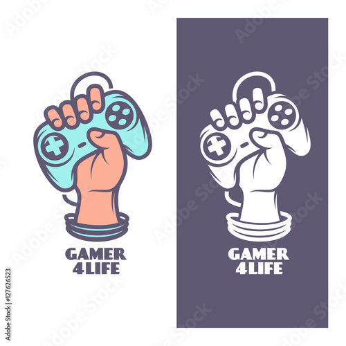 Gamer for life t-shirt design. Hand with joystick. Vector vintage illustration.