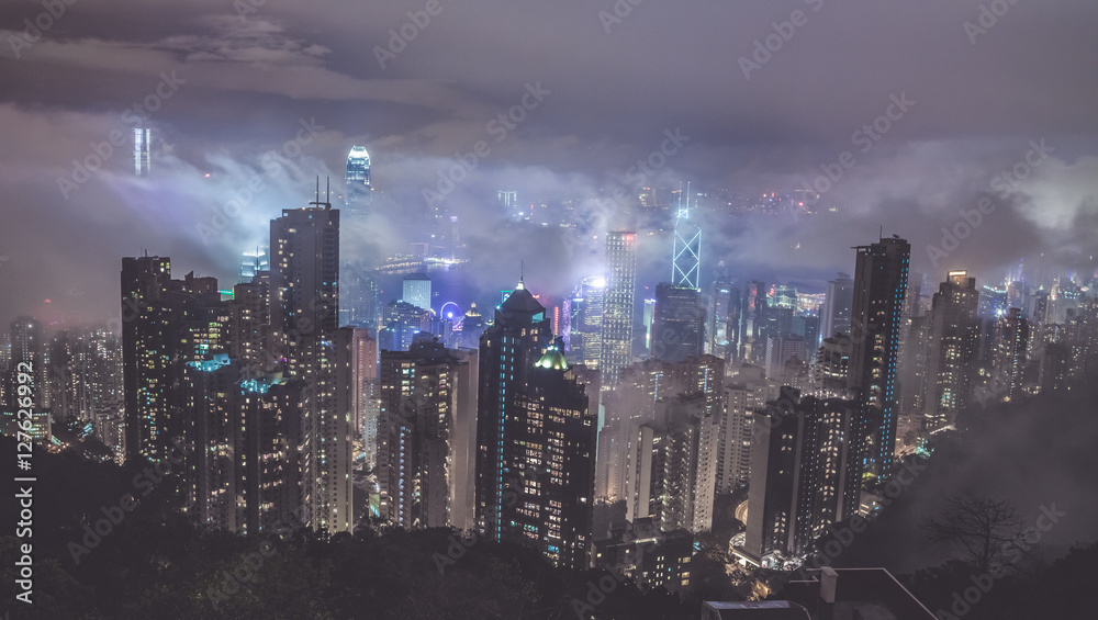 Fototapeta premium Hong Kong at night. Night view from famous view point Victoria Peak,