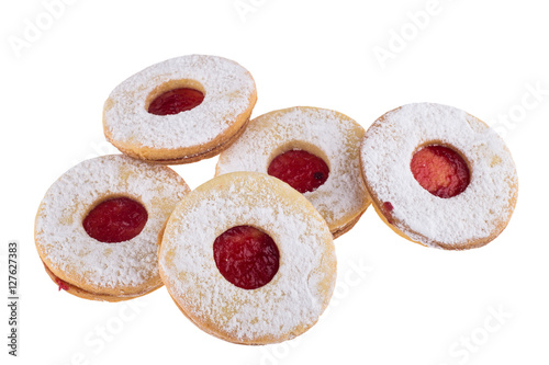 Homemade Christmas sweets with sugar powder and jam. photo