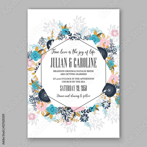 Wedding invitation template with watercolor winter flower christmas wreath pine branch Baby shower invitation template with watercolor tropical flower wreath