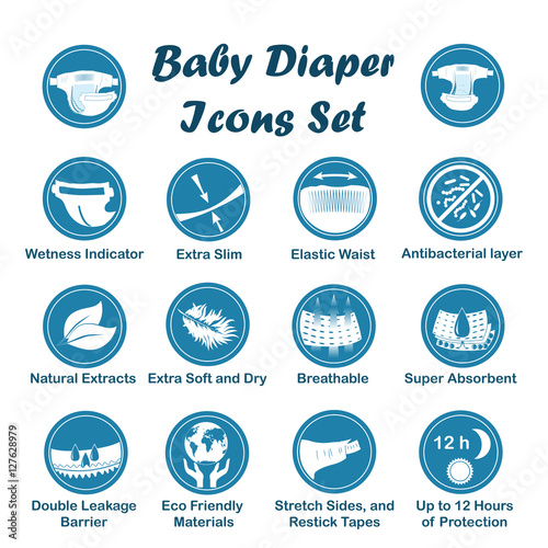 Diaper characteristics icons. Vector set