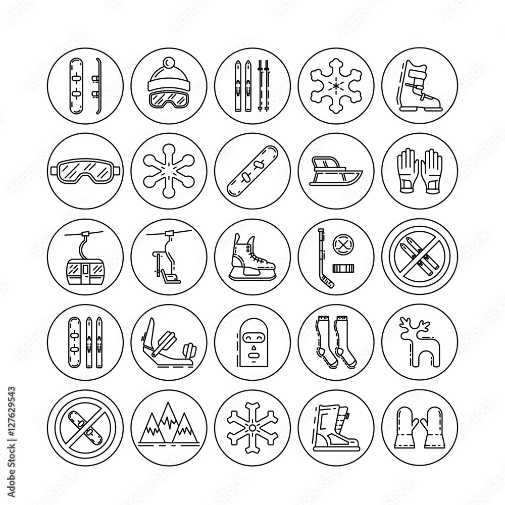 Fototapeta premium Vector linear icons set of symbols denoting the various types of winter recreation and pastimes such as skiing, snowboarding, skating. The types of winter recreation.