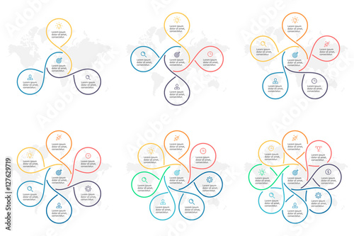 Outline infographic elements with 3 - 8 steps, sections, petals.