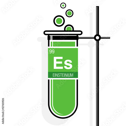 Einsteinium symbol on label in a green test tube with holder. Element number 99 of the Periodic Table of the Elements - Chemistry