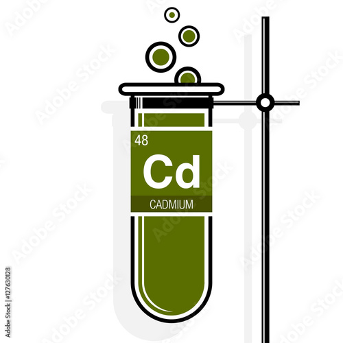 Cadmium symbol on label in a green test tube with holder. Element number 48 of the Periodic Table of the Elements - Chemistry